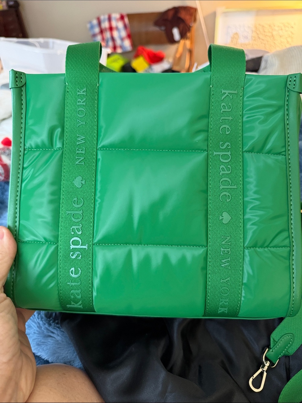 kate spade bright green quilted tote with logo straps